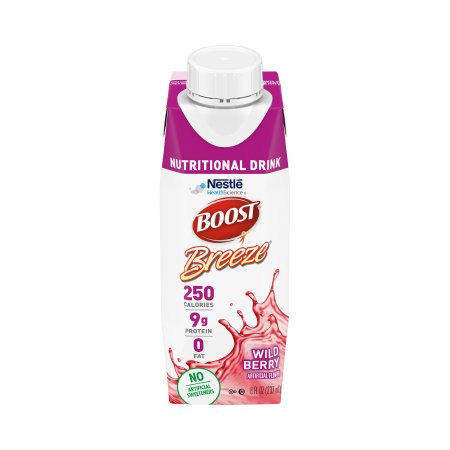 Each 8 fl oz serving of Boost® Breeze clear-liquid nutritional drink provides 9 grams of high quality protein and 250 calories to help sustain energy and maintain muscle mass Boost® Breeze is gluten-free and is suitable for lactose intolerance (not for individuals with galactosemia) Nutritional applications: Clear liquid diet, fat malabsorption, malnutrition Suitable for lactose intolerance, gluten-free, kosher