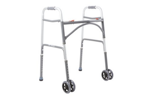 Bariatric Dual Release Folding Walker with Wheels Adjustable Height McKesson Steel Frame 500 lbs. Weight Capacity 32 to 39 Inch Height